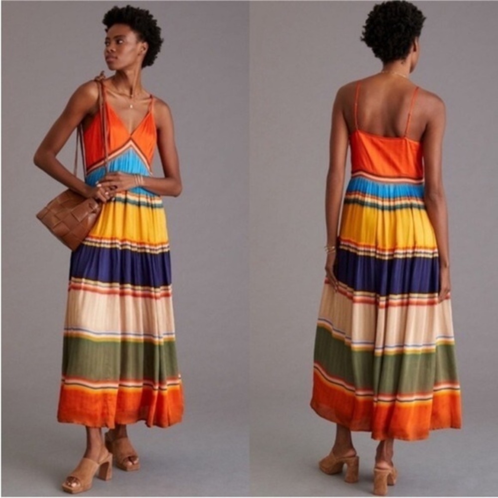 Anthropologie Tanvi Kedia Bright Colorblock Sleeveless V Neck Maxi Dress XS